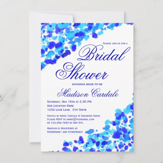 水彩画のティール(緑がかった色)のロイヤルブルーのブライダルシャワーの招待 招待状 (正面)