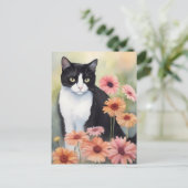 水彩画のテックスードキャットとガーベラの花 ポストカード (スタンド正面)