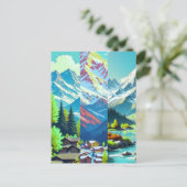 水彩画のデジタル風景アート - 山々 ポストカード (スタンド正面)