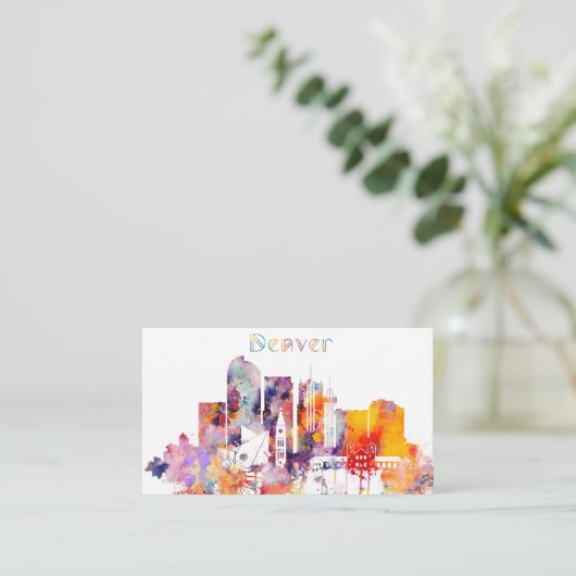水彩画のデンバー都市スカイライン 名刺 (スタンド正面)