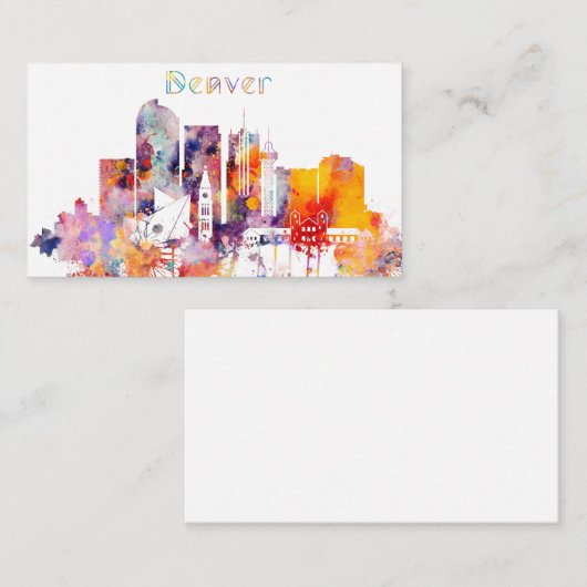 水彩画のデンバー都市スカイライン 名刺 (正面/裏面)