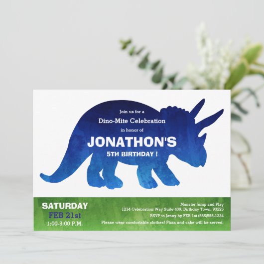 水彩画のトリケラトプスの恐竜の誕生会 招待状 (スタンド正面)