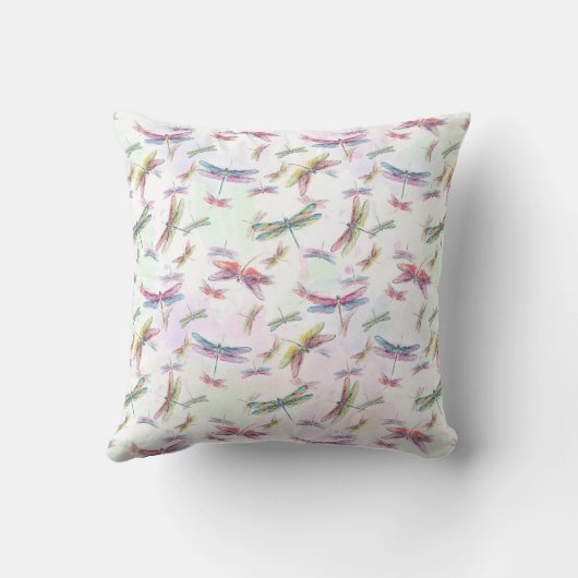 水彩画のトンボのティール(緑がかった色)のラベンダーの青い白 クッション (裏面)