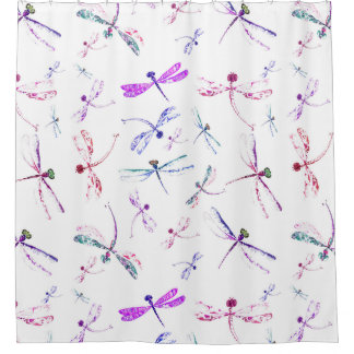水彩画のトンボのピンクのラベンダーの青い白 シャワーカーテン
