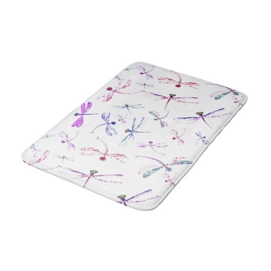 水彩画のトンボのピンクのラベンダーの青い白 バスマット (アングル)