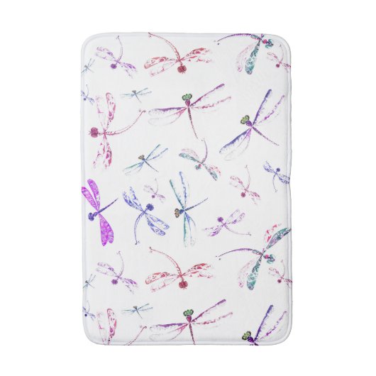 水彩画のトンボのピンクのラベンダーの青い白 バスマット (正面縦)