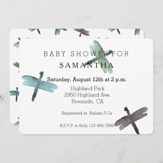水彩画のトンボのベビーシャワー 招待状 (正面/裏面)