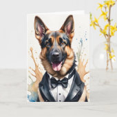 水彩画のドイツシェパード トゥクシード 黒タイ カード (黄色い花)