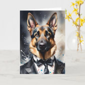 水彩画のドイツ牧羊犬 タキシード 黒いネクタイ カード (黄色い花)