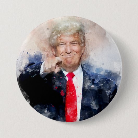 水彩画のドナルド・トランプが指差す肖像画 缶バッジ (正面)