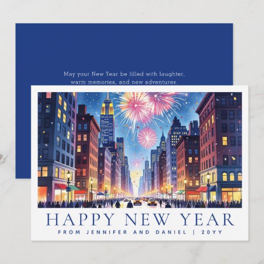 水彩画のニューヨークシティでのハッピー・ニュー・イヤーの花火 シーズンカード (正面/裏面)