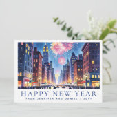 水彩画のニューヨークシティでのハッピー・ニュー・イヤーの花火 シーズンカード (スタンド正面)