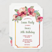 水彩画のハイビスカスのルアウ(ハワイ式宴会)の大人の誕生会 招待状 (正面/裏面)
