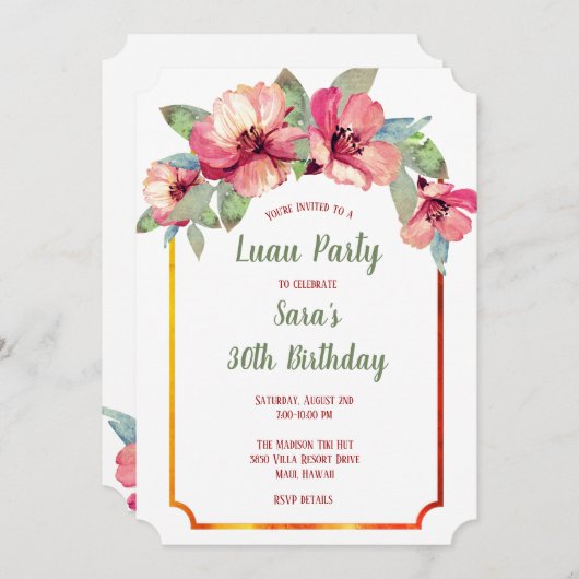 水彩画のハイビスカスのルアウ(ハワイ式宴会)の大人の誕生会 招待状 (正面/裏面)