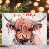 水彩画のハイランド・カウ　ハッピー・ホリデー シーズンカード