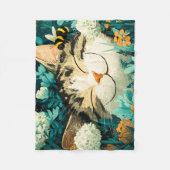 水彩画のハチと眠るネコの花園 フリースブランケット (正面)