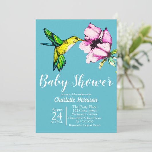水彩画のハチドリ及び紫色の花のベビーシャワー 招待状 (スタンド正面)