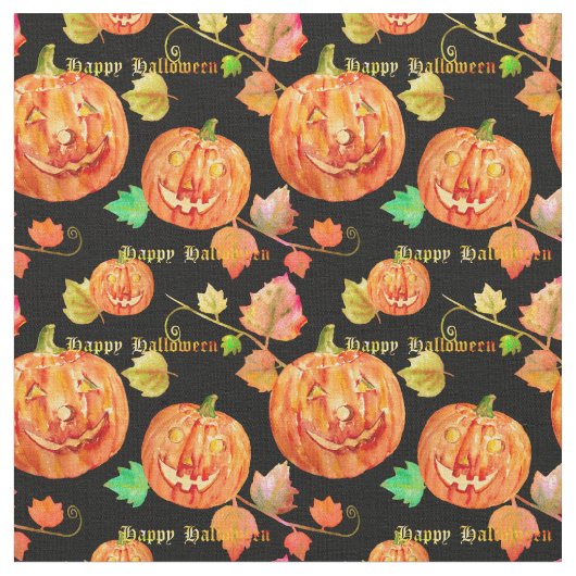 水彩画のハロウィンのカボチャ生地 ファブリック (クローズアップ)