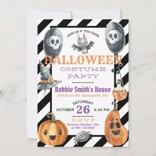 水彩画のハロウィンの衣裳のパーティの招待状 招待状 (正面)