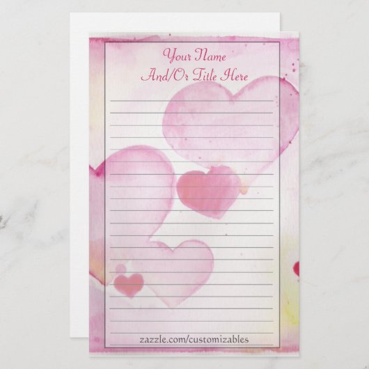 水彩画のハートの文房具 便箋 (正面/裏面)