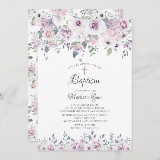水彩画のバイオレットによっては洗礼が開花します 招待状 (正面/裏面)