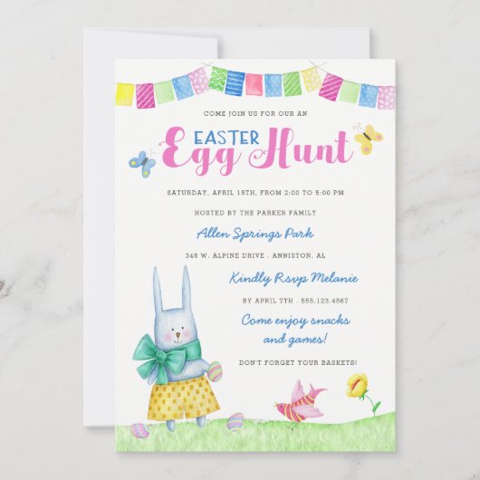 水彩画のバニーのイースターエッグの狩りの招待状 招待状 (正面)