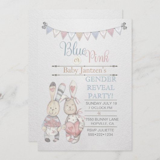 水彩画のバニーのベビーの性は明らかにします 招待状 (正面/裏面)