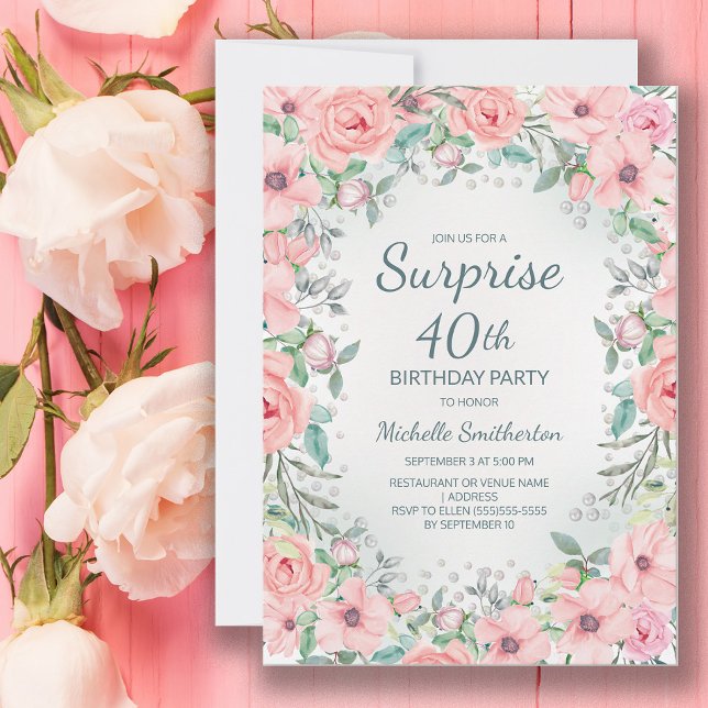 水彩画のバラと真珠のピンク　40歳の誕生日 (Pink floral surprise 40th birthday party invitation personalized with your own text.)