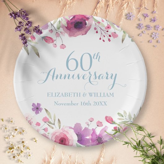 水彩画のバラと緑の植物 結婚60周年記念 ペーパープレート