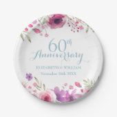 水彩画のバラと緑の植物 結婚60周年記念 ペーパープレート (正面)