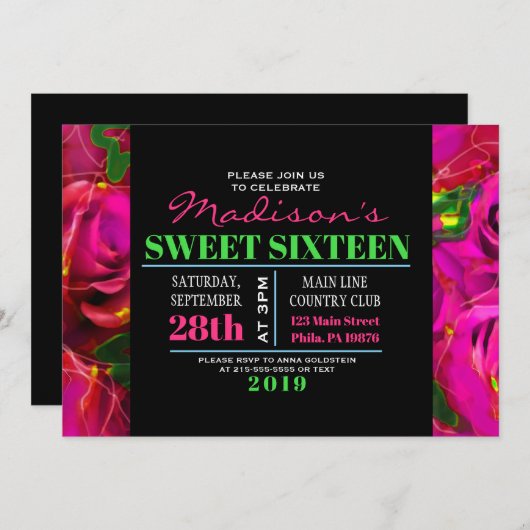 水彩画のバラのネオンSweet sixteenの招待状 招待状 (正面/裏面)