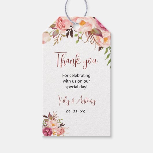 水彩画のバラの花のピンク色のThank Youカード ギフトタグ (正面)