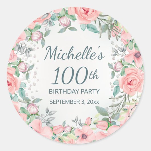 水彩画のバラの花束 100歳の誕生日 ラウンドシール (正面)