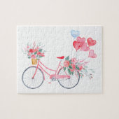 水彩画のバレンタインのピンクのバイクおよびハートの気球 ジグソーパズル (横)