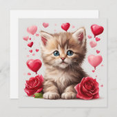 水彩画のバレンタインデーキットンとバラ シーズンカード (正面/裏面)