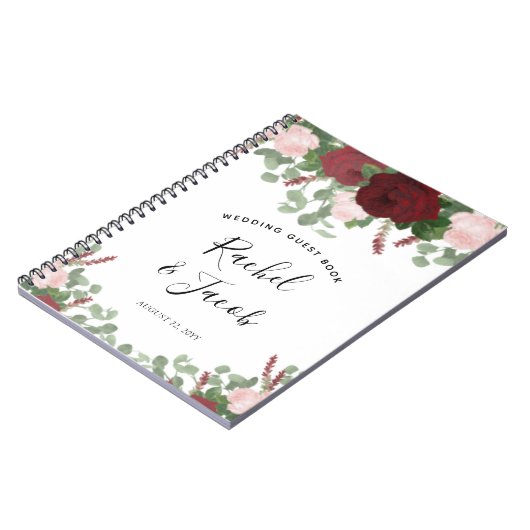 水彩画のバーガンディのピンクの花の結婚式の来客名簿 ノートブック (左側)
