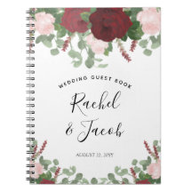 水彩画のバーガンディのピンクの花の結婚式の来客名簿