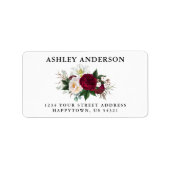 水彩画のバーガンディの花柄および緑の草木の住所 ラベル (正面)