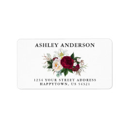 水彩画のバーガンディの花柄および緑の草木の住所 ラベル
