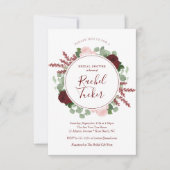 水彩画のバーガンディの花柄のブライダルシャワー 招待状 (正面)