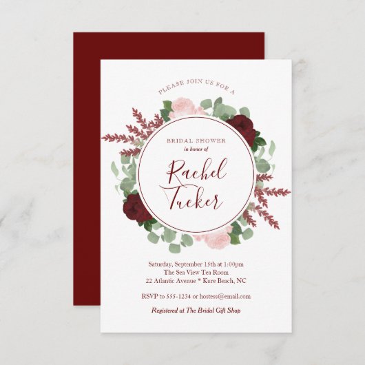 水彩画のバーガンディの花柄のブライダルシャワー 招待状 (正面/裏面)