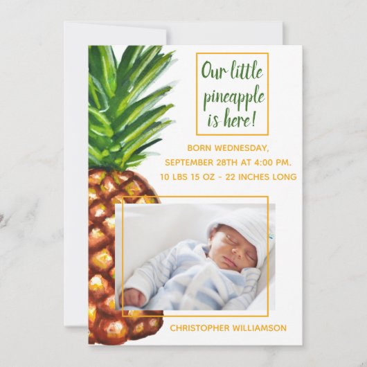 水彩画のパイナップル写真の誕生の発表 案内状 (正面)