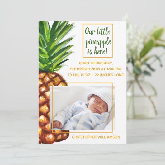 水彩画のパイナップル写真の誕生の発表 案内状 (スタンド正面)