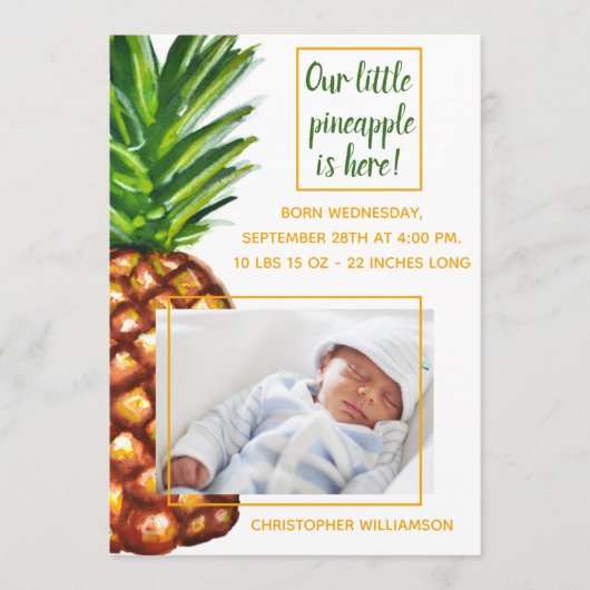 水彩画のパイナップル写真の誕生の発表 案内状 (正面)