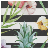 水彩画のパイナップル熱帯花の黒のストライブ柄 ファブリック (クローズアップ)