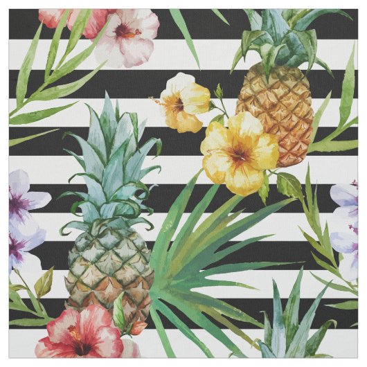水彩画のパイナップル熱帯花の黒のストライブ柄 ファブリック (見本)