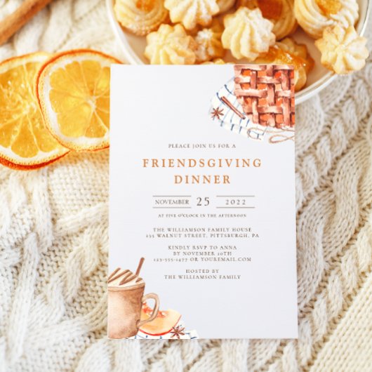 水彩画のパンプキンパイのフレンドズギビングディナー 招待状