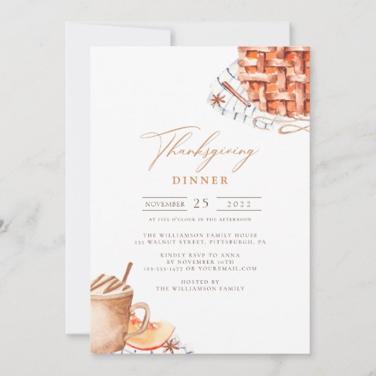 水彩画のパンプキンパイの感謝祭の食事 招待状 (正面)