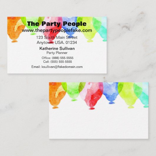水彩画のパーティーの気球のパーティーのプランナー 名刺 (正面/裏面)