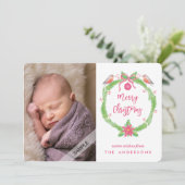 水彩画のヒイラギのリースの"メリークリスマス + 写真 シーズンカード (スタンド正面)
